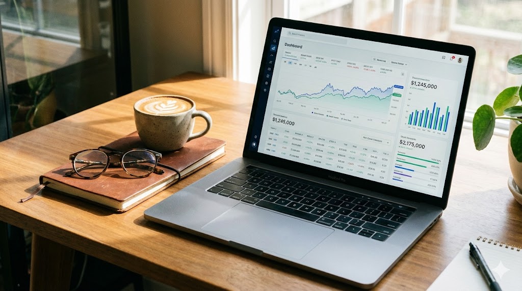 laptop displaying financial charts for AI semiconductor analysis
